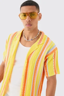 Oversized Boxy Open Stitch 3D Knit Shirt In Yellow | BoohooMAN UK