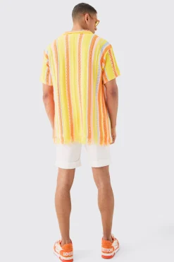 Oversized Boxy Open Stitch 3D Knit Shirt In Yellow | BoohooMAN UK