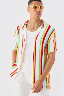 Oversized Boxy Open Stitch 3D Knit Shirt In White | BoohooMAN UK