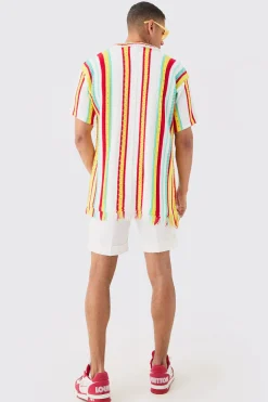 Oversized Boxy Open Stitch 3D Knit Shirt In White | BoohooMAN UK