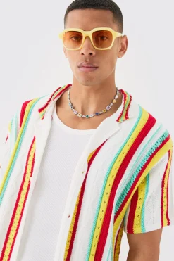 Oversized Boxy Open Stitch 3D Knit Shirt In White | BoohooMAN UK