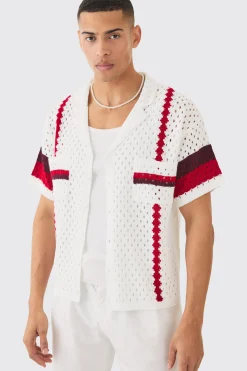 Oversized Boxy Open Stitch Revere Stripe Shirt In White | BoohooMAN UK