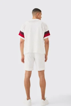 Oversized Boxy Open Stitch Revere Stripe Shirt In White | BoohooMAN UK