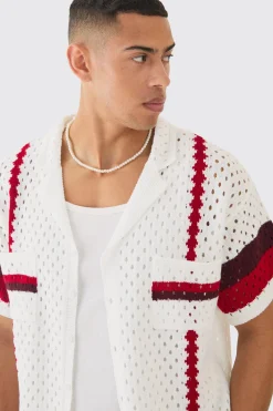 Oversized Boxy Open Stitch Revere Stripe Shirt In White | BoohooMAN UK