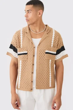 Oversized Boxy Open Stitch Revere Stripe Shirt In Stone | BoohooMAN UK