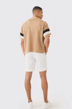 Oversized Boxy Open Stitch Revere Stripe Shirt In Stone | BoohooMAN UK