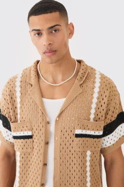 Oversized Boxy Open Stitch Revere Stripe Shirt In Stone | BoohooMAN UK