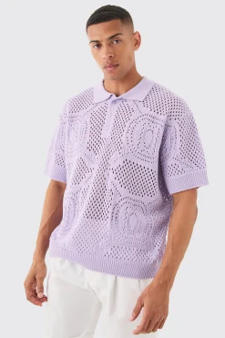 Oversized Boxy Open Stitch All Over Textured Polo In Lilac | BoohooMAN UK