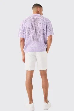 Oversized Boxy Open Stitch All Over Textured Polo In Lilac | BoohooMAN UK