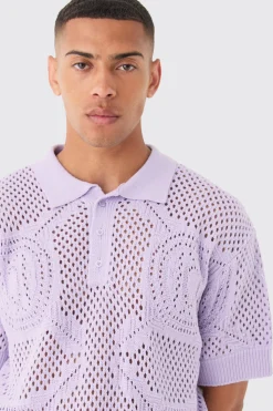 Oversized Boxy Open Stitch All Over Textured Polo In Lilac | BoohooMAN UK