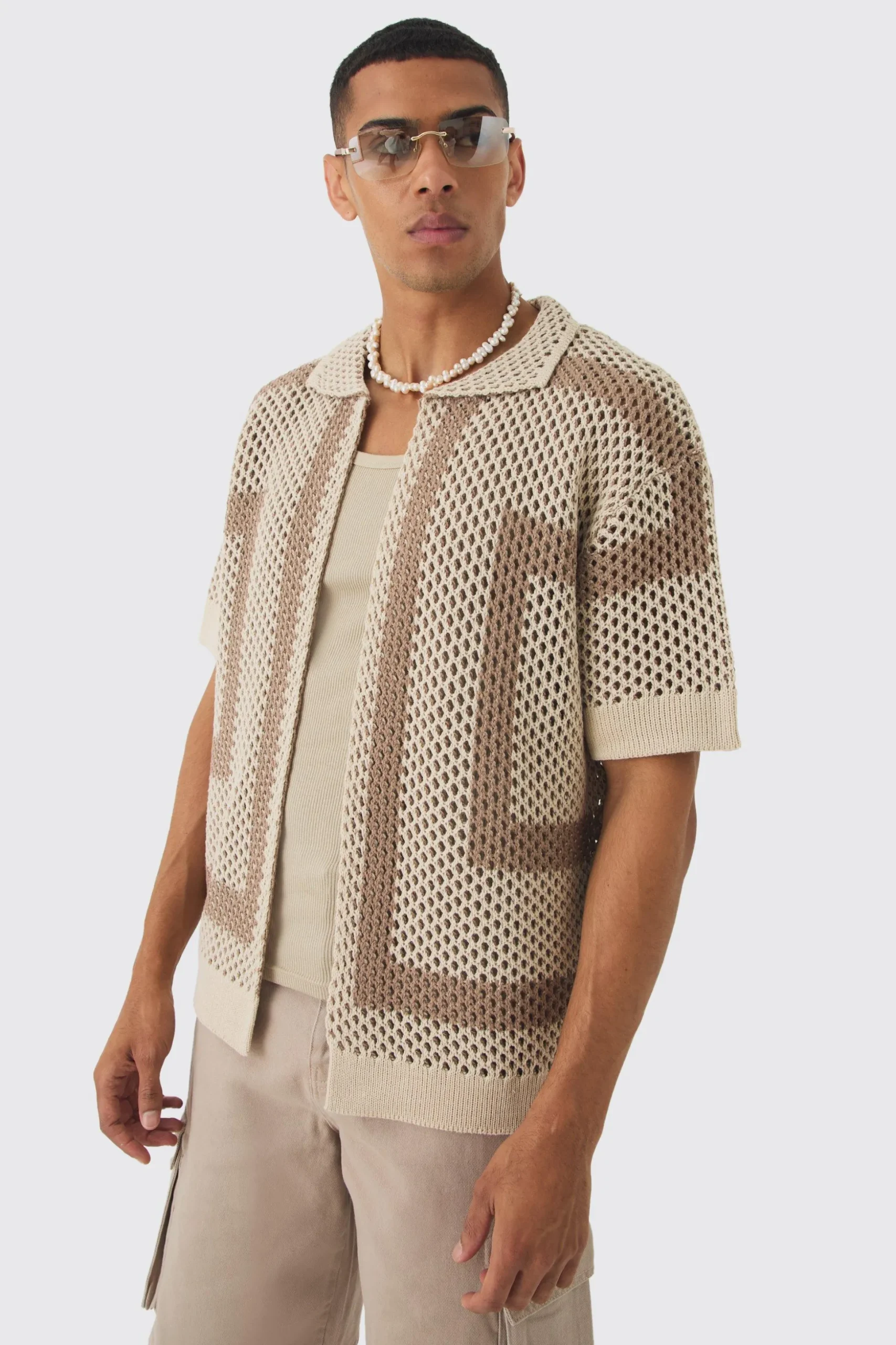 Oversized Boxy Open Stitch Border Knit Shirt | BoohooMAN UK