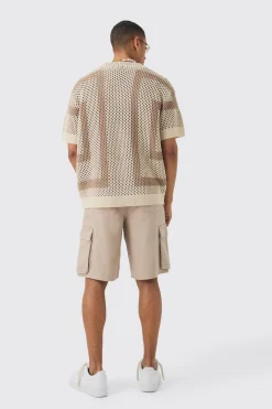 Oversized Boxy Open Stitch Border Knit Shirt | BoohooMAN UK