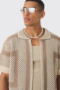 Oversized Boxy Open Stitch Border Knit Shirt | BoohooMAN UK