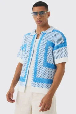 Oversized Boxy Open Stitch Border Knit Shirt | BoohooMAN UK