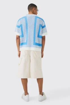 Oversized Boxy Open Stitch Border Knit Shirt | BoohooMAN UK
