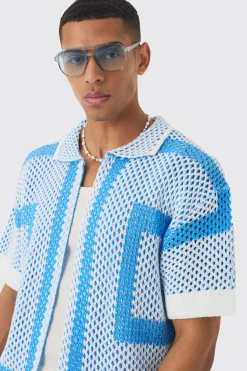 Oversized Boxy Open Stitch Border Knit Shirt | BoohooMAN UK