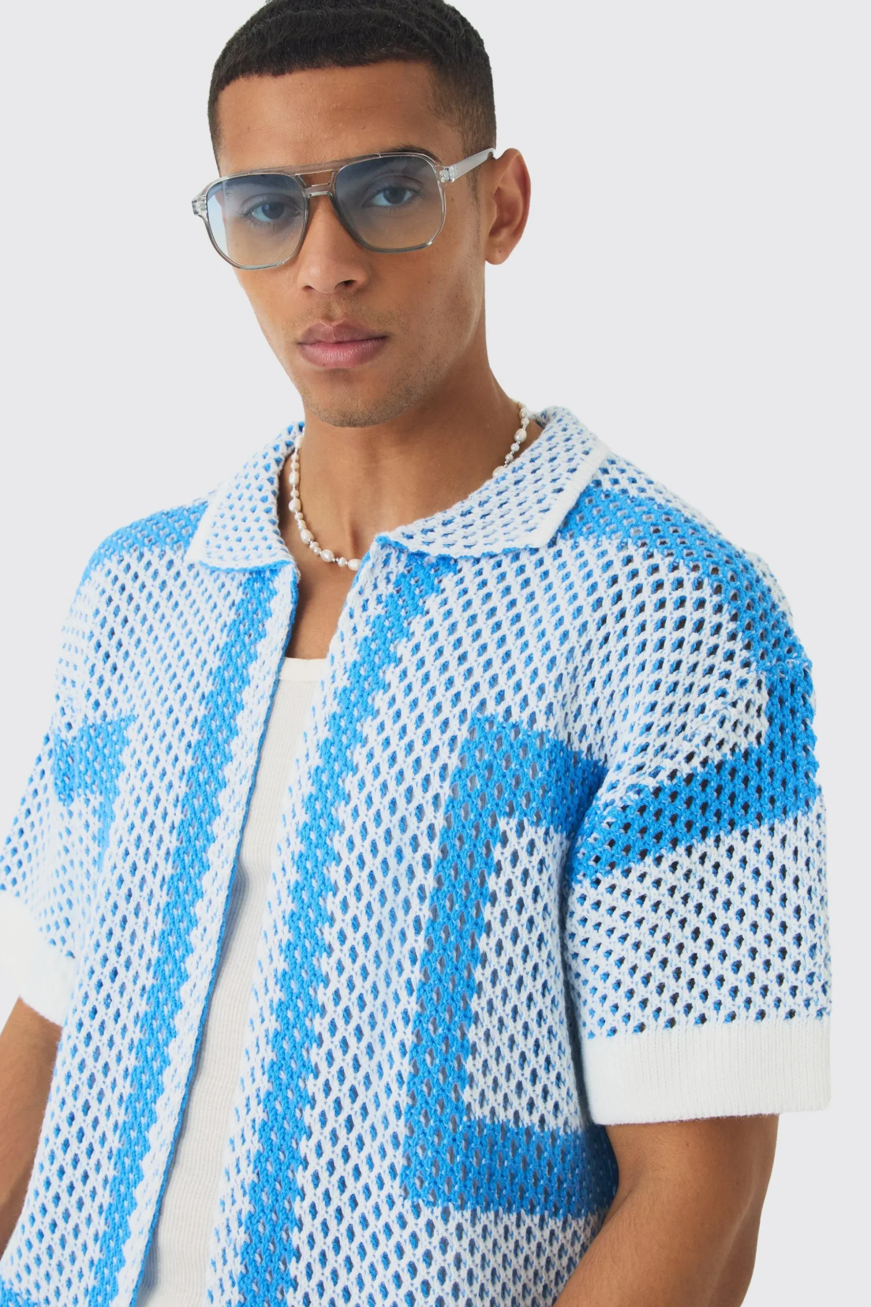 Oversized Boxy Open Stitch Border Knit Shirt | BoohooMAN UK