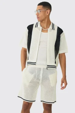 Oversized Boxy Open Stitch Zip Through Shirt & Short Set | BoohooMAN UK