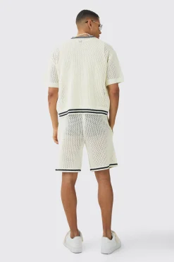 Oversized Boxy Open Stitch Zip Through Shirt & Short Set | BoohooMAN UK