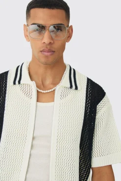 Oversized Boxy Open Stitch Zip Through Shirt & Short Set | BoohooMAN UK