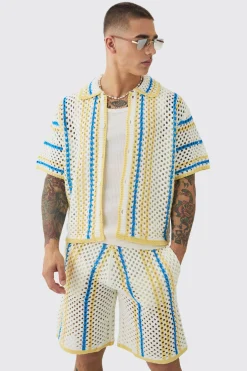 Oversized Boxy Open Stitch Stripe Short Set | BoohooMAN UK