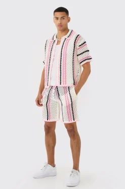 Oversized Boxy Open Stitch Stripe Shirt & Short Set | BoohooMAN UK