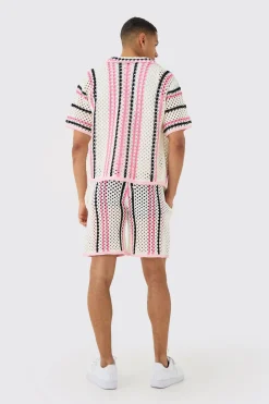 Oversized Boxy Open Stitch Stripe Shirt & Short Set | BoohooMAN UK