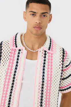 Oversized Boxy Open Stitch Stripe Shirt & Short Set | BoohooMAN UK