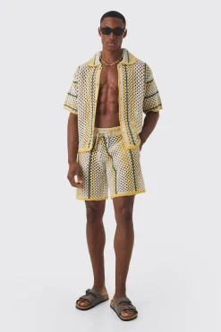 Oversized Boxy Open Stitch Stripe Shirt Short Set With Drawcords | BoohooMAN UK