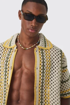 Oversized Boxy Open Stitch Stripe Shirt Short Set With Drawcords | BoohooMAN UK