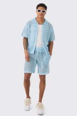 Oversized Boxy Open Stitch Shirt & Short Set With Metal Tab | BoohooMAN UK
