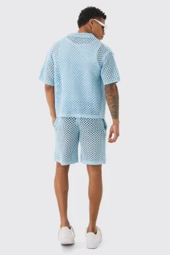 Oversized Boxy Open Stitch Shirt & Short Set With Metal Tab | BoohooMAN UK