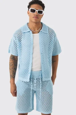 Oversized Boxy Open Stitch Shirt & Short Set With Metal Tab | BoohooMAN UK