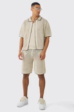 Oversized Boxy Open Stitch Contrast Tipping Shirt & Short Set With Metal Tab | BoohooMAN UK