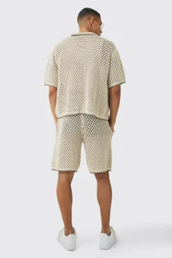 Oversized Boxy Open Stitch Contrast Tipping Shirt & Short Set With Metal Tab | BoohooMAN UK
