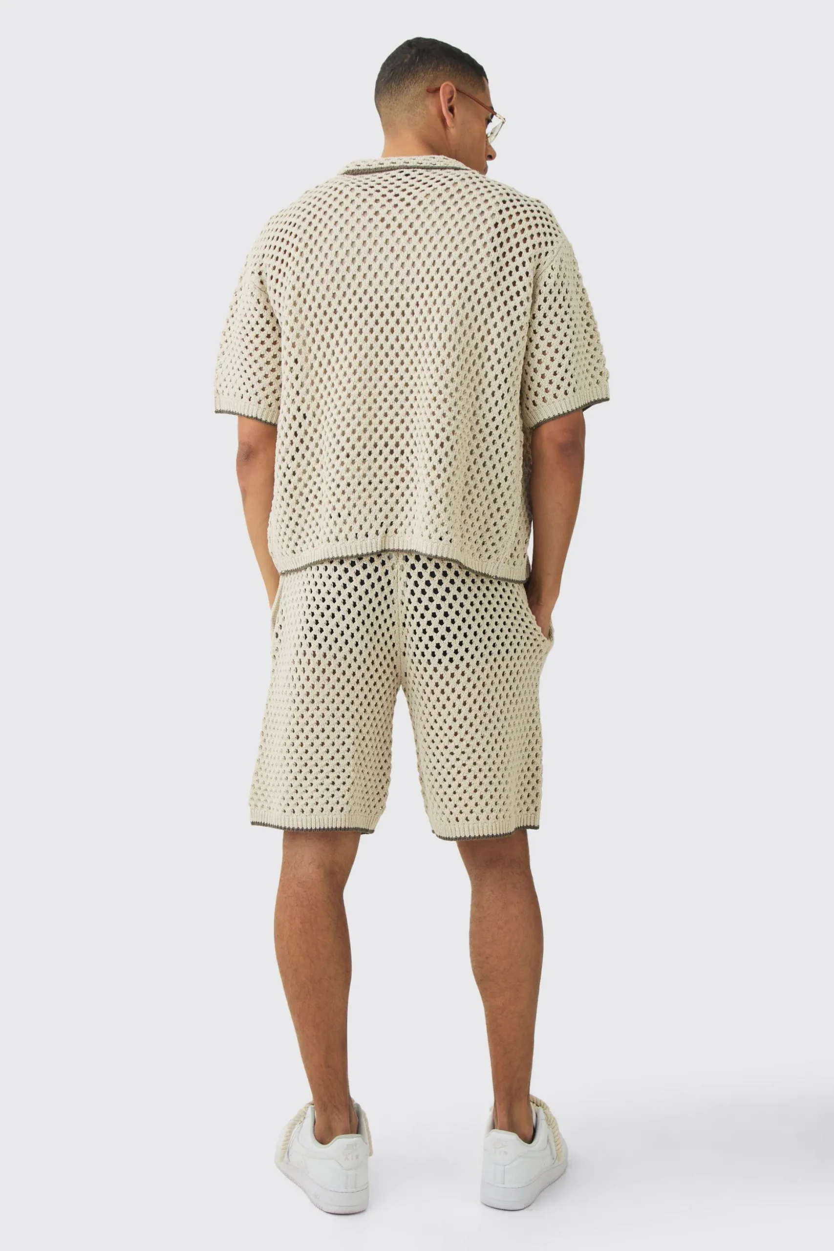 Oversized Boxy Open Stitch Contrast Tipping Shirt & Short Set With Metal Tab | BoohooMAN UK