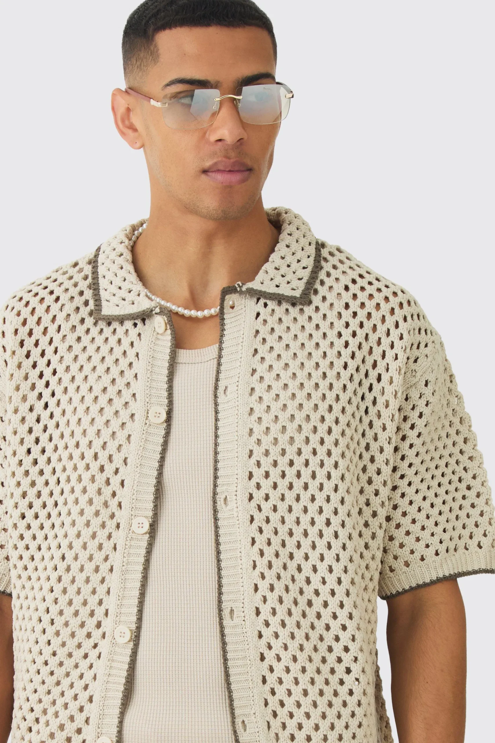 Oversized Boxy Open Stitch Contrast Tipping Shirt & Short Set With Metal Tab | BoohooMAN UK