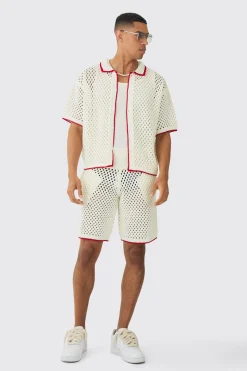 Oversized Boxy Open Stitch Contrast Tipping Shirt Short Set | BoohooMAN UK