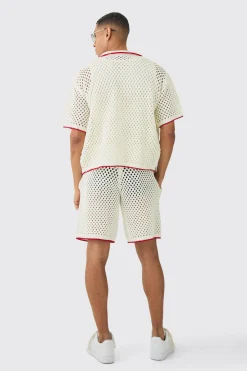 Oversized Boxy Open Stitch Contrast Tipping Shirt Short Set | BoohooMAN UK