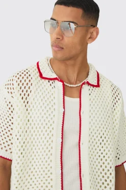 Oversized Boxy Open Stitch Contrast Tipping Shirt Short Set | BoohooMAN UK