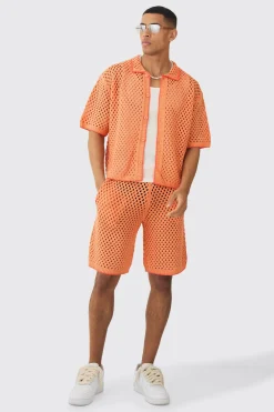 Oversized Boxy Open Stitch Contrast Tipping Shirt Short Set | BoohooMAN UK