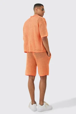 Oversized Boxy Open Stitch Contrast Tipping Shirt Short Set | BoohooMAN UK