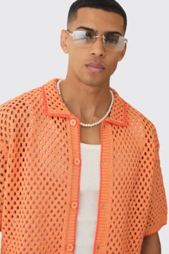 Oversized Boxy Open Stitch Contrast Tipping Shirt Short Set | BoohooMAN UK