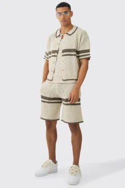Oversized Boxy Open Stitch Colour Block Shirt & Short Set | BoohooMAN UK