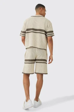 Oversized Boxy Open Stitch Colour Block Shirt & Short Set | BoohooMAN UK