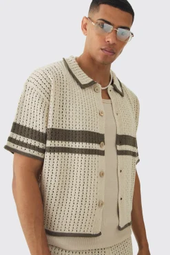 Oversized Boxy Open Stitch Colour Block Shirt & Short Set | BoohooMAN UK