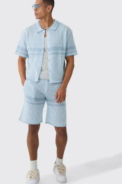 Oversized Boxy Open Stitch Colour Block Shirt & Short Set | BoohooMAN UK