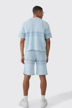 Oversized Boxy Open Stitch Colour Block Shirt & Short Set | BoohooMAN UK