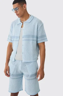 Oversized Boxy Open Stitch Colour Block Shirt & Short Set | BoohooMAN UK