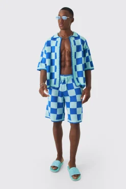 Oversized Boxy Open Stitch Checked Shirt & Short Set With Metal Tab | BoohooMAN UK